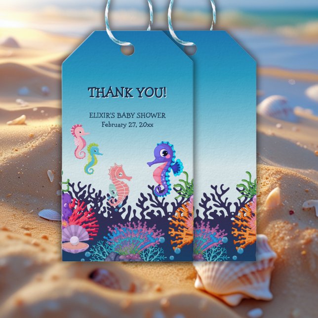 Modern under Sea Seahorse Baby Shower Presentetikett (Skapare uppladdad)