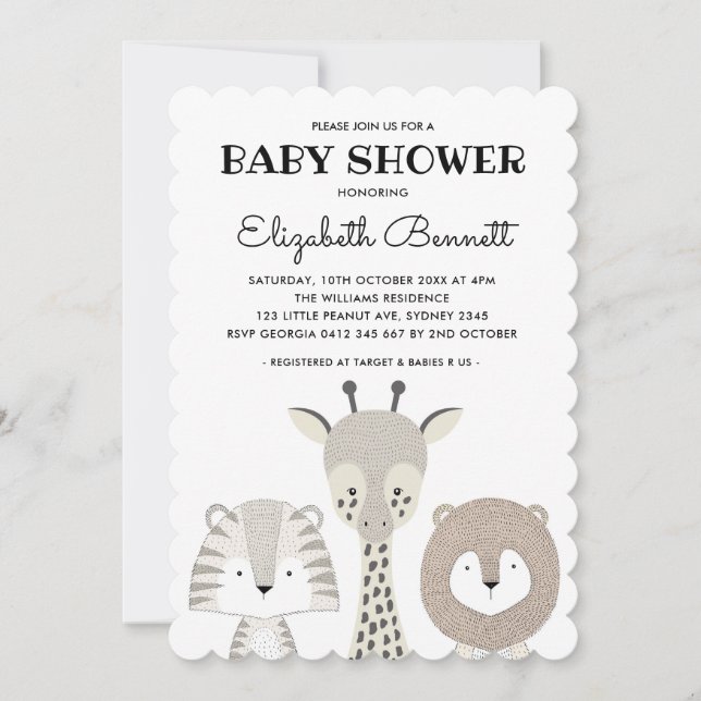 Modern ungle Animals Safari Baby Shower Giraffe Inbjudningar (Framsida)