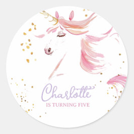 Modern Unicorn och Rainbow Pastel Birthday Runt Klistermärke