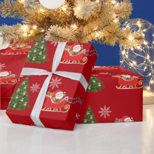 Modern Unicorn Santa Snöflingor XmasTree Red Presentpapper