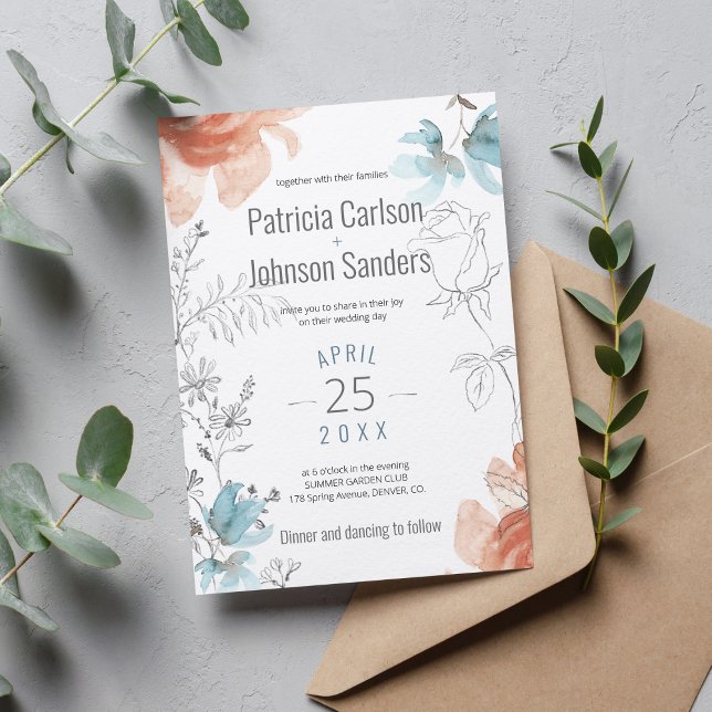 Modern, unik dammiga blå persikor och grått bröllo inbjudningar (Skapare uppladdad)