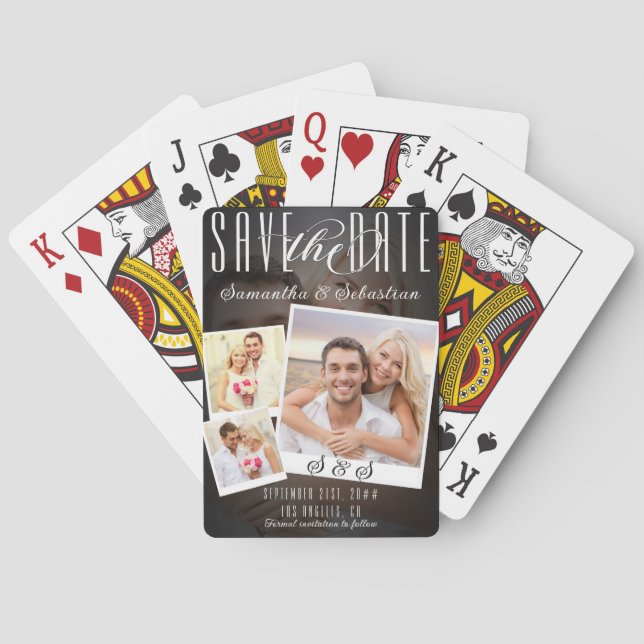 Modern, unikt skript 3, foto Bröllop spara datum Casinokort (Baksidan)