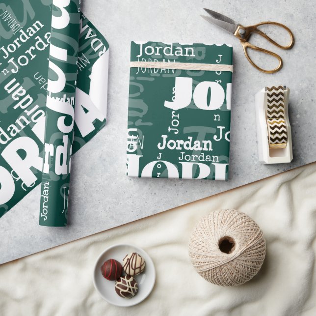 Modern Upprepande Namn Mönster Emerald Grönt White Presentpapper (Hantverk)