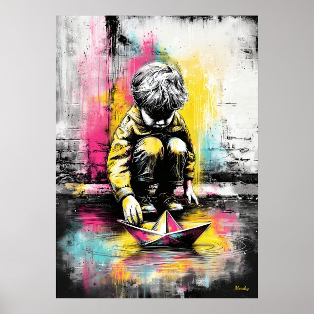 Modern Urban Emotional Child Paper Boat Art Poster (Framsidan)