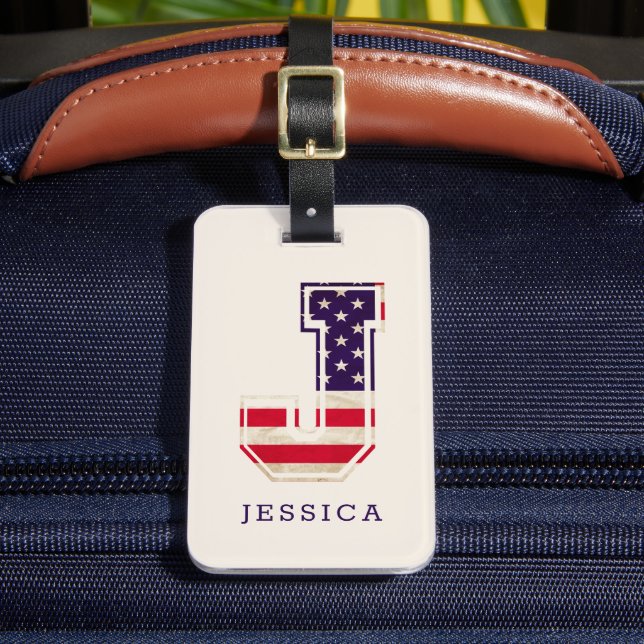 Modern USA Flag Monogram J Bagagebricka (Framsida Insitu 2)