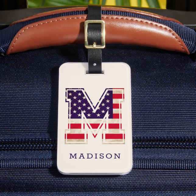 Modern USA flagga Monogram M Bagagebricka (Framsida Insitu 2)