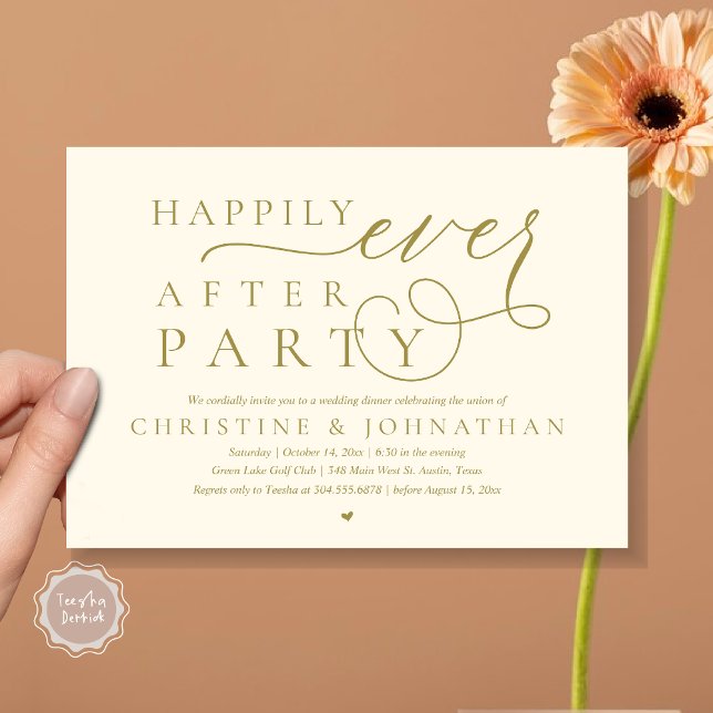 Modern utarmning av Bröllop, lyckligtvis allt efte Inbjudningar (Modern Cute Wedding Elopement, Happily Ever After Party Invitation Card, PDF, in Yellow Gold)