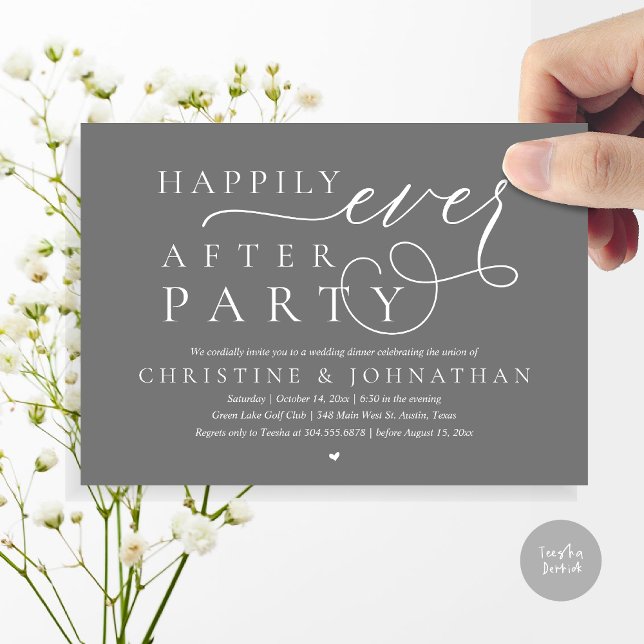 Modern utarmning av Bröllop, lyckligtvis allt efte Inbjudningar (Modern Cute Wedding Elopement, Happily Ever After Party Invitation Card, PDF, in Dark Grey)