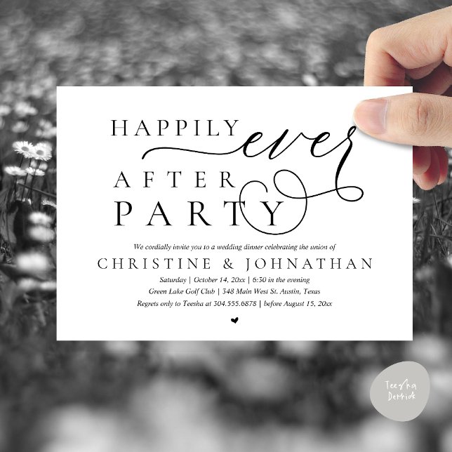 Modern utarmning av Bröllop, lyckligtvis allt efte Inbjudningar (Modern Cute Wedding Elopement, Happily Ever After Party Invitation Card, PDF, in Black and White)