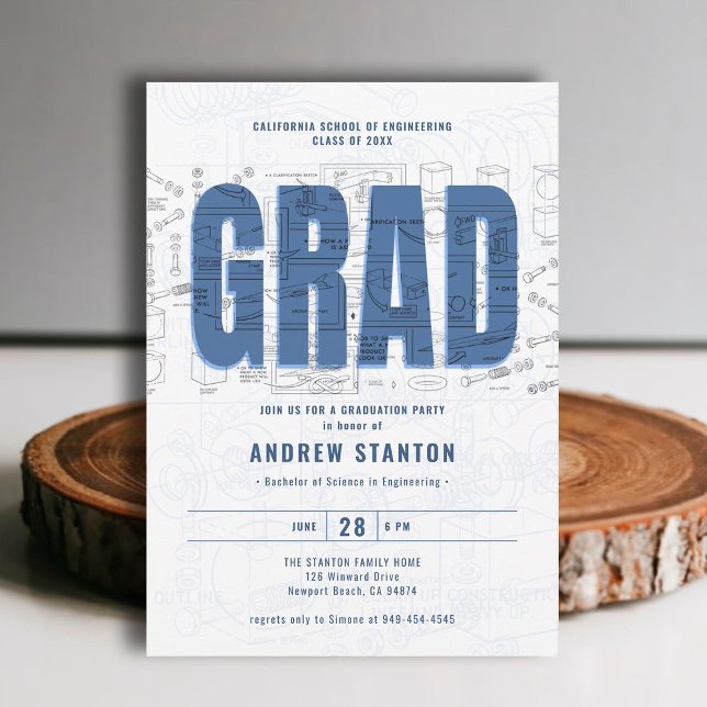 Modern utkast till ingenjörsprojekt Studenten Inge Inbjudningar (engineering engineer graduation ceremony party invitation white blue grad modern minimalist elegant)