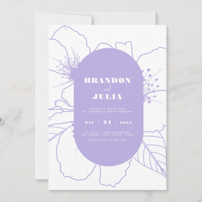 Modern Utlagd Blommig Kontur Lila Lavendel QR-kod Inbjudningar (Framsida)