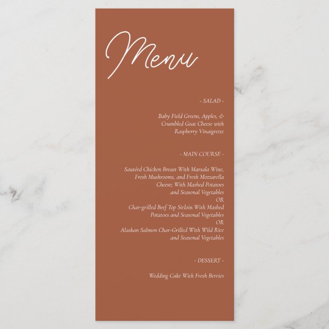 Modern utskrivbar mall Terracotta Bröllop Menu (Framsida)