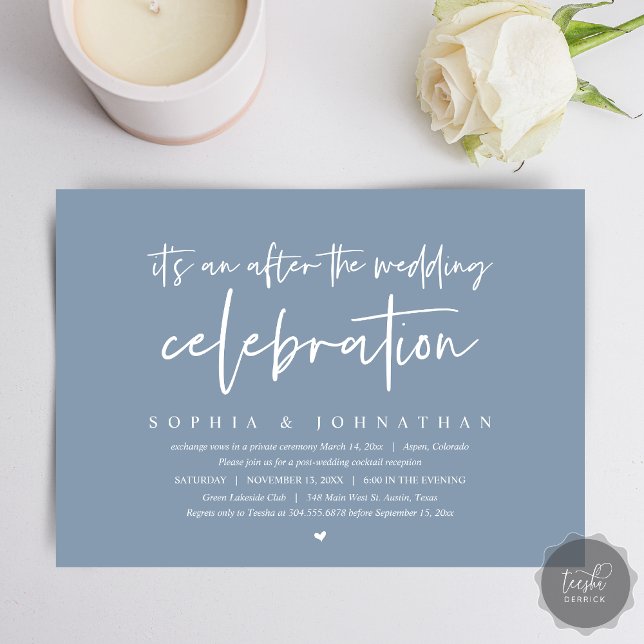 Modern utveckling, efter bröllop firande inbjudningar (After the wedding celebration Invitation Card, Modern Dusty Blue Elopement Dinner, Party, Download)