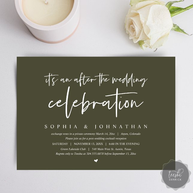 Modern utveckling, efter bröllop firande inbjudningar (After the wedding celebration Invitation Card, Modern Olive Green Elopement Dinner, Party, Download)