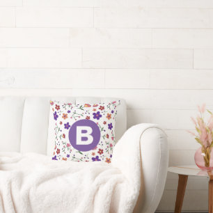Modern Vacker Färgrik Blommig Lila Monogram Kudde