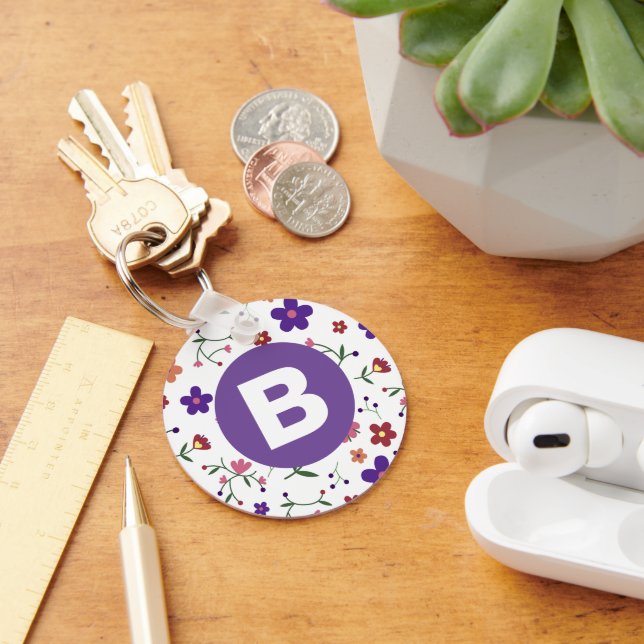 Modern Vacker Färgrik Blommig Lila Monogram Nyckelring (Skrivbord)