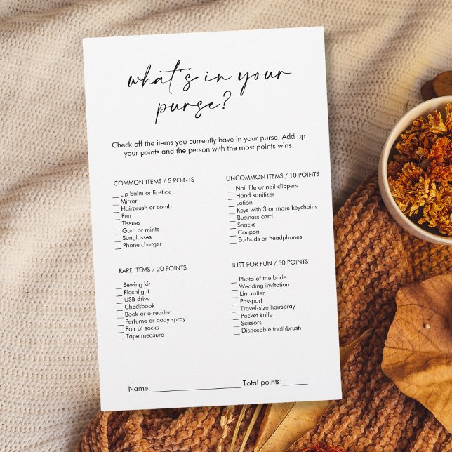 Modern vad är i ditt spel för Möhippor? (modern minimalist black and white "what's in your purse?" bridal shower game)
