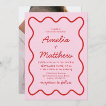 Modern Vågigt Rosa och Röda Retro Squiggle Bröllop