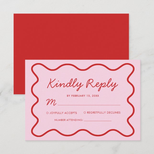Modern Vågigt Rosa och Röda Retro Squiggle Bröllop OSA Kort (Fram/baksida)