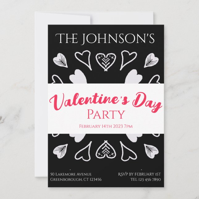 Modern Valentines day Party Hearts Black and White Inbjudningar (Framsida)