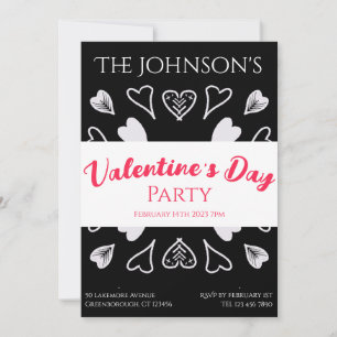 Modern Valentines day Party Hearts Black and White Inbjudningar