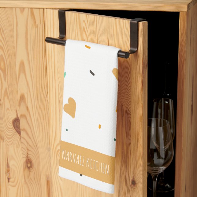 Modern Valentines day Sprinkle Hearts Mustard Kökshandduk (Thirds Fold)