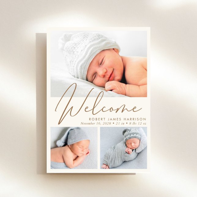 Modern Välkommen Cream Guld 4 Fotofödelse Meddelande (Announce the arrival of your precious baby in a way that is as beautiful and unique as they are)