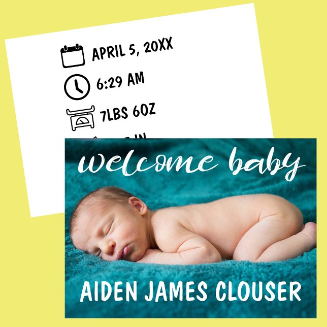 Modern Välkomsthälsning i Baby Meddelande (Welcome Baby Modern Birth Announcement Card with Birth Icons )