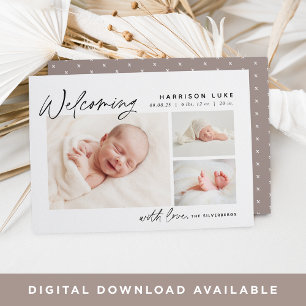 Modern välkomstsida tre foto Birth Meddelande