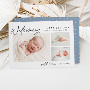 Modern välkomstsida tre foto Birth Meddelande