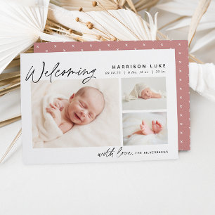 Modern välkomstsida tre foto Birth Meddelande