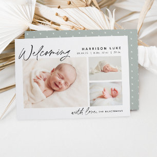Modern välkomstsida tre foto Birth Meddelande