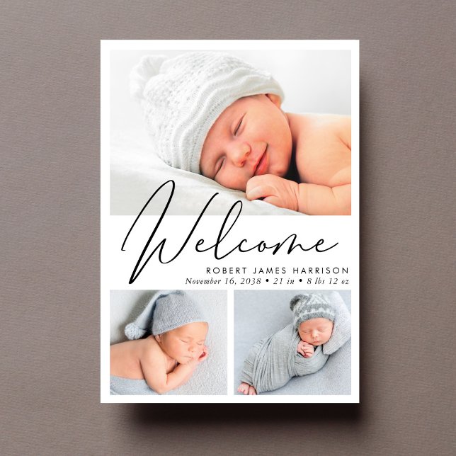 Modern välkomstskript Fotokollage Birth Meddelande (Announce the arrival of your precious baby in a way that is as beautiful and unique as they are)