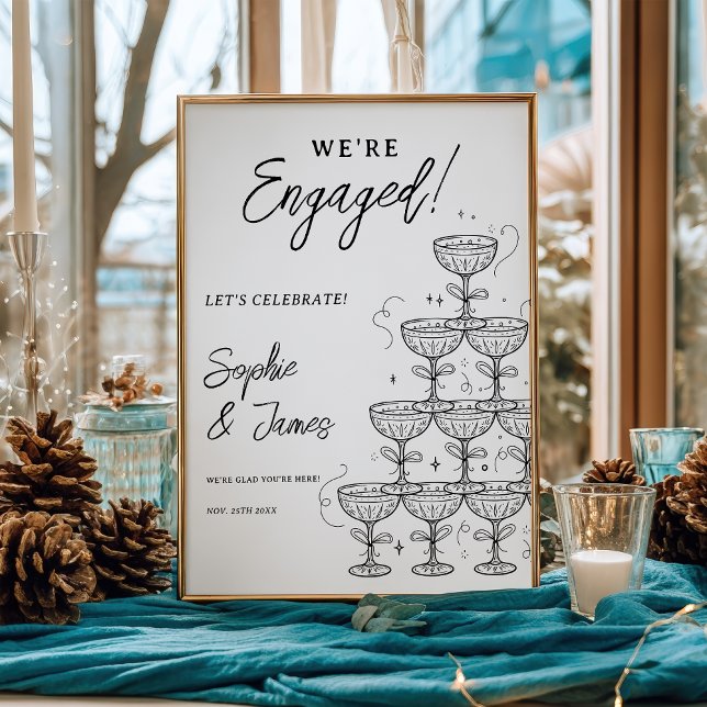 Modern Välkomstskylt för Förlovningsfirande med Ch Poster (Modern Champagne Tower Engagement Welcome Poster)