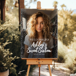 Modern välkomstskylt för sweet sixteen med foto poster