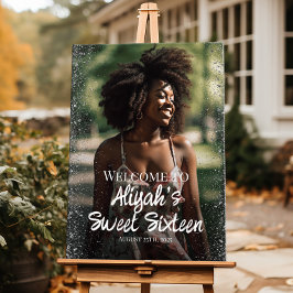 Modern välkomstskylt för sweet sixteen med foto poster