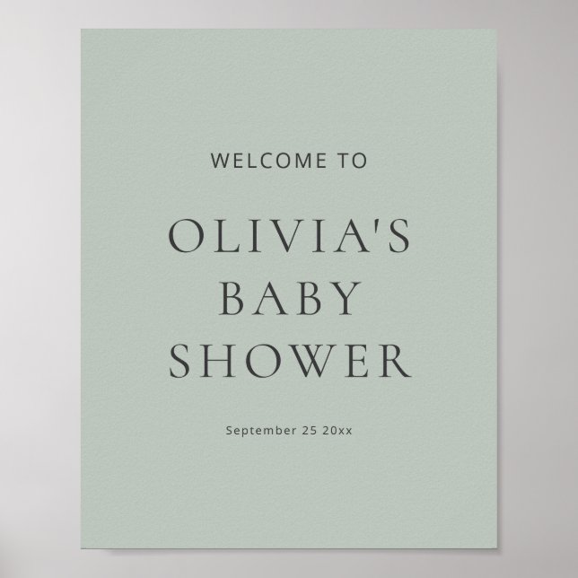 Modern välkomstskylt i salvia grön till babyshower poster (Framsidan)