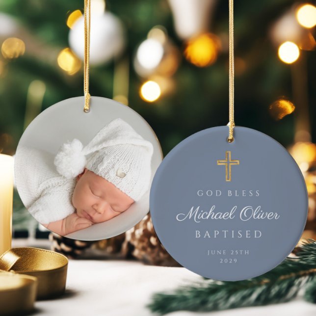 Modern Välsigna dig Kor Boy Baptism Julgransprydnad Keramik (Modern God Bless Cross Boy Baptism Ceramic Ornament)