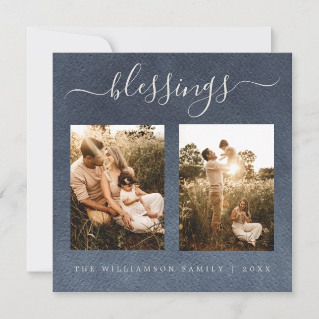Modern välsignelse Mörk blått julfoto-Helgdag Julkort (Framsida)