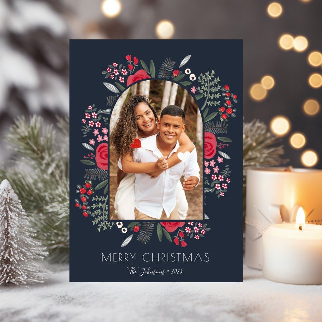 Modern välvd ram blomster glad jul fotokort julkort (Modern Arch Frame Floral Family Christmas Photo Holiday Card)