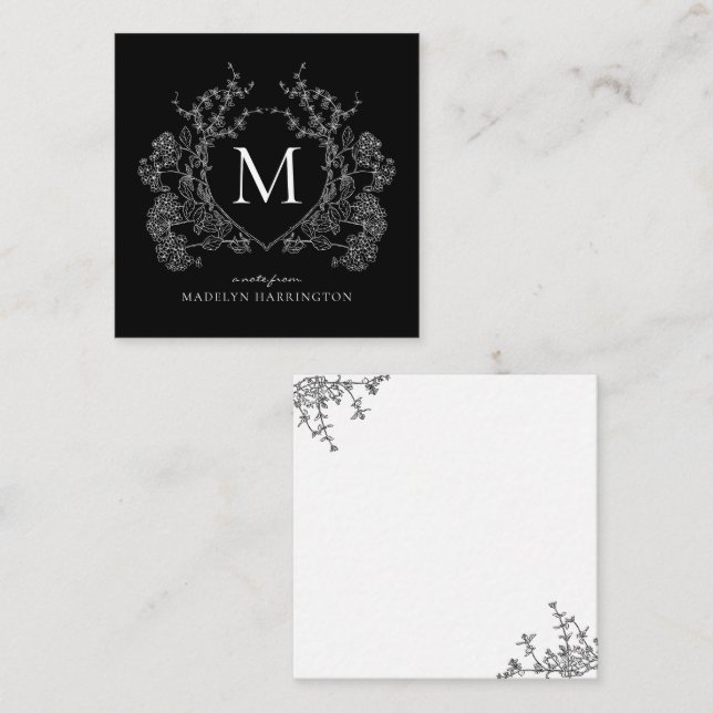 Modern Vapensköld för svart och vit Blommigt, Mono Anteckningskort (Fram/baksida)