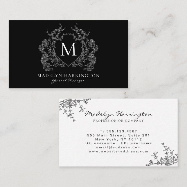 Modern Vapensköld för svart och vit Blommigt, Mono Visitkort (Fram/baksida)