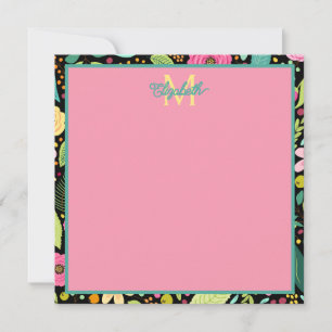 Modern Vår blommor på Black Monogram Anteckningskort