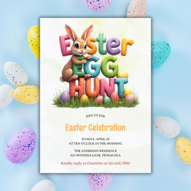 Modern Vår Bunny Påskägg Hunt Party Inbjudningar (Adorable Easter Egg Hunt Invitation with Bunny and Colorful Design)