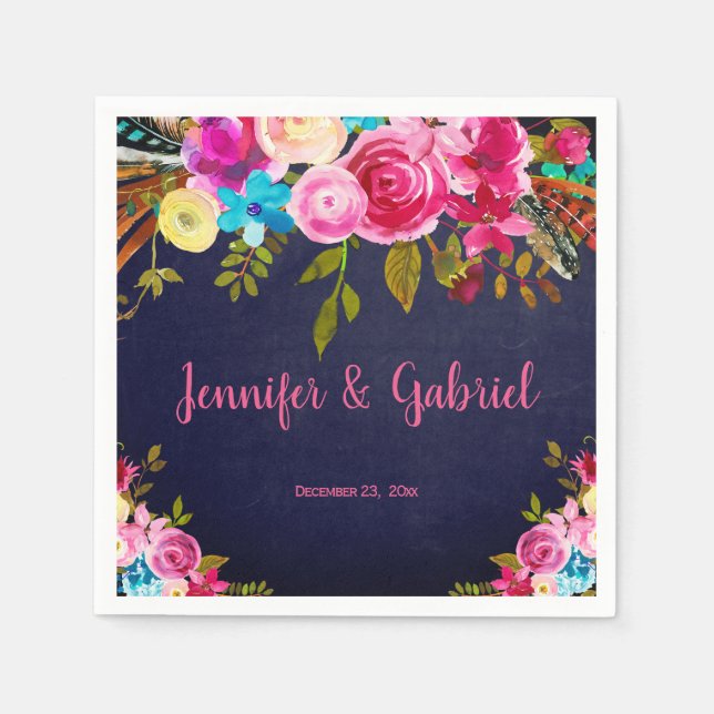 Modern Vår Rosa Blommigt Navy Blue Bröllop Pappersservett (Framsidan)