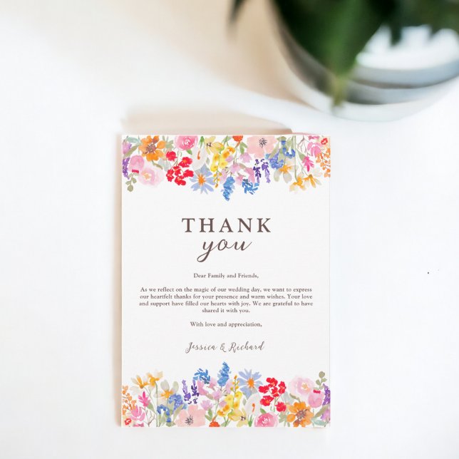 Modern vår-trädgårdsnblommor, skript bröllop tack kort (Modern spring garden wildflowers script wedding thank you card)
