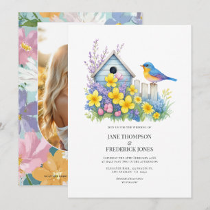 Modern vårblommig bröllopsfoto och QR-kod Inbjudningar