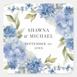 Modern vårblomster blå vit akvarell bröllop fyrkantigt klistermärke