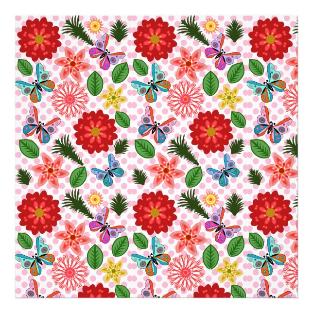 Modern vårgårds fjäril blomstermönster fototryck (Framsidan)