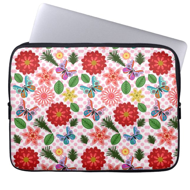 Modern vårträdgård fjäril blommig laptop fodral (Framsidan)